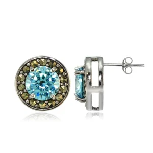 Sterling Silver Aqua Cubic Zirconia and Marcasite Halo Stud Earrings - Picture 1 of 4
