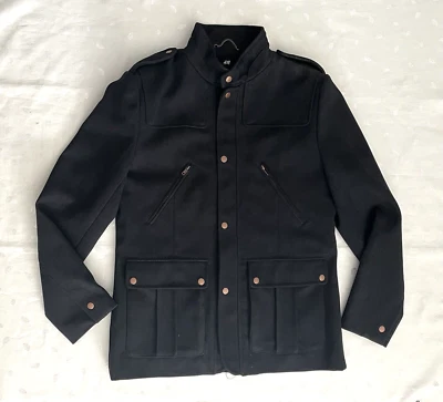 H&M Military Style Wool Blend Men’s Coat in Dark Blue Herringbone Size 44R - Image 1 of 4