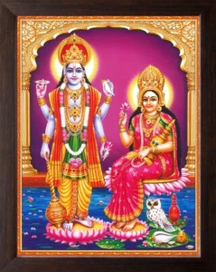 Lord Vishnu with Goddess Lakshmi Hd Printed Religious Picture With Wooden Frame - Picture 1 of 4