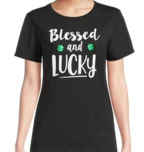 St. Patrick's Day Womens Black Blessed and Lucky Shamrock Graphic T-Shirt M 8-10 - Picture 1 of 4