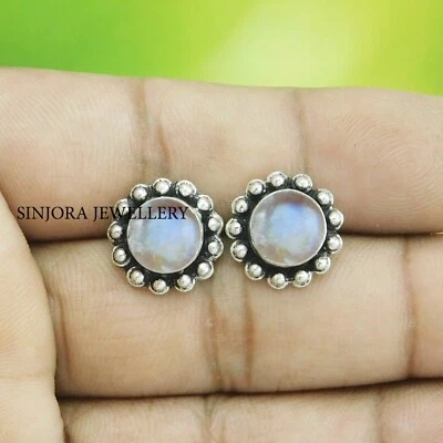 Rainbow Moonstone 925 Sterling Silver Handmade Jewellery Stud Earrings - Image 1 of 4