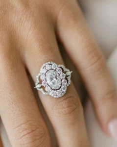 1.90ct Oval Cut Lab-Created Diamond Halo Cluster Proposal Ring 14k White Gold - Picture 1 of 7