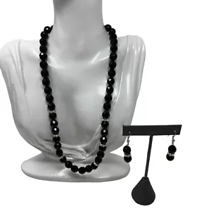 Beaded Necklace and Earrings Black Faceted Crystals with Clear Rhinestone Accent - Picture 1 of 11