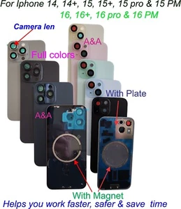 Vitre arrière de remplacement avec plaque, aimant, lentille caméra pour Iphone 14 14+ 15 16PM - Photo 1 sur 9