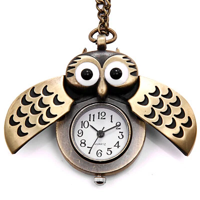 Vintage Retro Owl Wings Bronze Tone Open Face Pocket Watch Pendant Necklace - Image 1 of 4