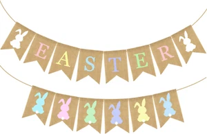 2Pcs Colorful Easter Burlap Banner Bunny Bunting Garland Colorful Rabbit Banner - Picture 1 of 12