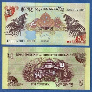 BHUTAN 2015 UNC 5 Ngultrum Banknote Paper Money Bill P-28c - Imagen 1 de 1