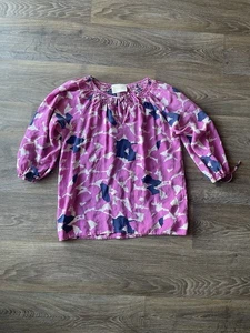 Yumi Kim Silk Smocked Peasant Top XS Pink Blue Floral Abstract Boho Blouse - Picture 1 of 5