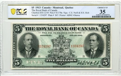 1913 $5 The Royal Bank of Canada, 630-12-04 - Choice Very Fine, PCGS VF35 - Image 1 of 2