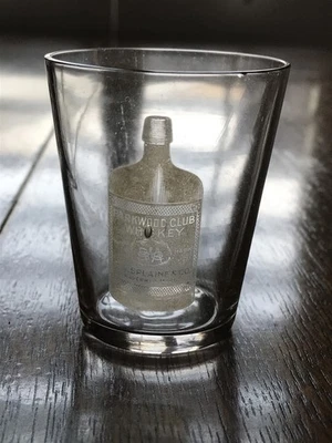 ANTIQUE PRE PRO PARKWOOD CLUB WHISKEY BOTTLE HAVERHILL ADVERTISING SHOT GLASS  - Image 1 of 3