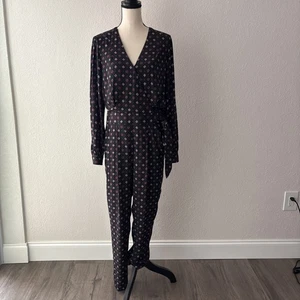 LOFT Women’s Black Long Sleeve Geometric Print Faux Wrap Tie Jumpsuit Size 6 - Picture 1 of 6