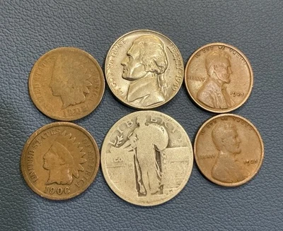 Vintage US Coins - Standing Liberty Silver Quarter, Indian + Wheat Cent, Nickel - Image 1 of 2