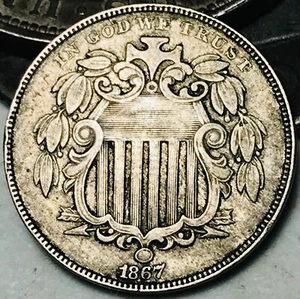1867 Shield Nickel 5 Cents 5C Ungraded Choice WITH RAYS US Coin CC26364 - Picture 1 of 5