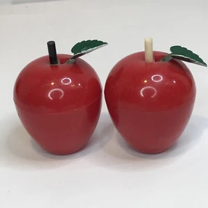 Vintage Plastic Red Apples Salt & Pepper Shakers -United Device Corp Metal Leaf - Picture 1 of 8