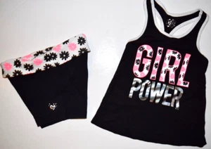 EUC JUSTICE GIRLS BLACK PINK FLOWER GIRL POWER TANK BIKER SHORTS SET SIZE 6 - Picture 1 of 5
