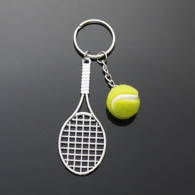 Tennis Racket & Ball Keychain Key Ring Fob Holder Silver Racket with Green Ball - Image 1 of 4