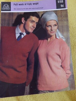 P&B No.9169 Vintage Knitting Pattern: Men/Women Sweater 34-44" sizes - Image 1 of 2