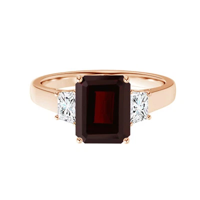 8x6MM Radiant Cut Garnet Ring 14k Rose Gold Three Stone Women Ring Foto 1 de 4