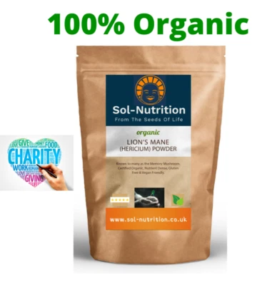 SOL NUTRITION Organic Lions Mane Mushroom Powder - Brain & Memory , Hericium Erinaceus