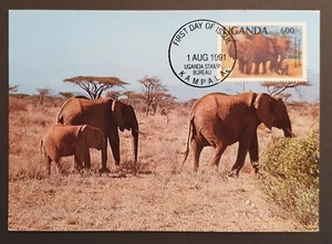 Uganda Stamps 1991 WWF First Day Cover Postcard Elephants (w) - Picture 1 of 2