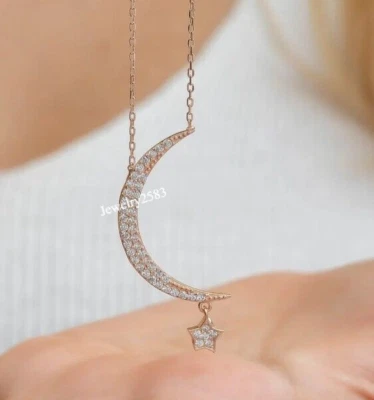 Lindo collar colgante de media luna con estrella de diamantes naturales para dama de plata 925 de 18" Foto 1 de 4