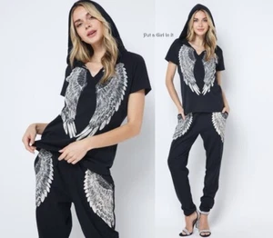Neu USA VOCAL Damen SCHWARZ ENGELFLÜGEL SHIRT KAPUZENPULLOVER HOSE JOGGER SET S M L XL - Bild 1 von 11