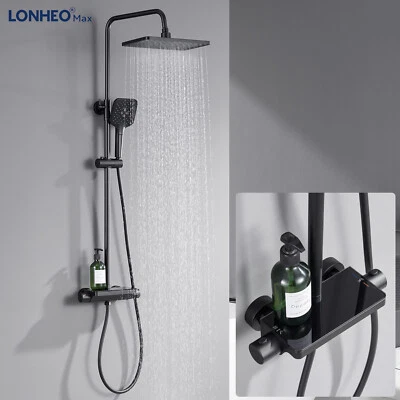 Duschsystem Regendusche mit Thermostat Duscharmatur Duschset mit Ablage Schwarz - Bild 1 von 4