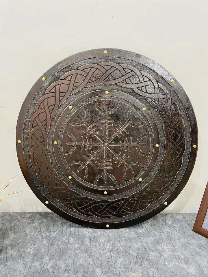 Escudo redondo Vikingo Vegvisir escudo nórdico de madera hecho a mano para guerrero de batalla Foto 1 de 1