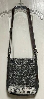 MYRA BAG Cowhide & Cotton Crossbody Convertible Messenger Bag-Gray, White, Brown - Image 1 of 4