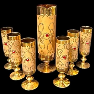 Vintage Venetian Italian Bohemian Gold Overlay Red Gem Cocktail Pitcher Glasses - Picture 1 of 14