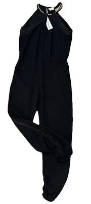 Macacão Parker S preto halter top aberto costas divididas corrente pescoço decoração novo com etiquetas - Imagem 1 de 4