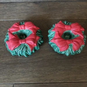 Vintage 2er Set Tampa Bay Form Keramik Feiertagskranz konisch Kerzenhalter - Bild 1 von 7