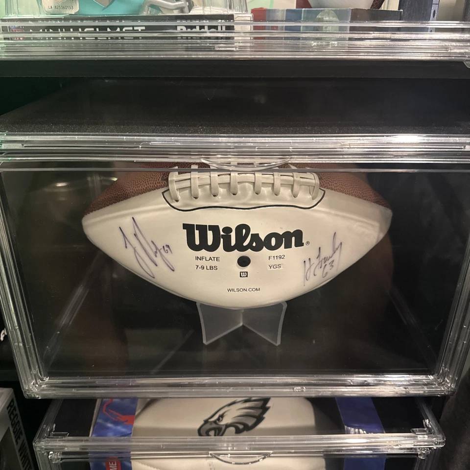 JON RUNYAN HANK FRALEY PHILADELPHIA EAGLES FIRMADO WILSON FÚTBOL CON ESTUCHE  Foto 1 de 2