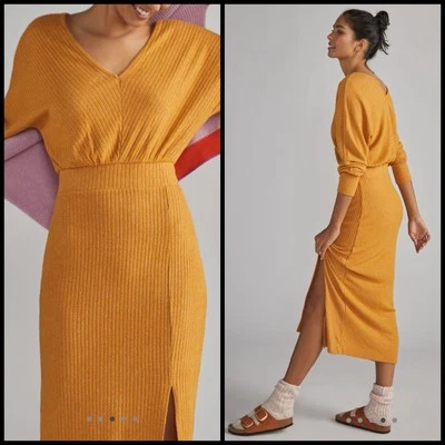Daily Practice Anthropologie Barre Ribbed Midi Sweater Dress MEDIUM Gold Maize - Image 1 of 4