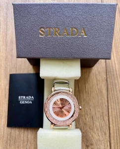 Strada Ladies Rose Gold Strap Watch With Moving Diamante Crystals Silver Strap - Picture 1 of 4