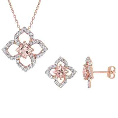 14k Rose Gold Plated Silver 2Ct Morganite Floral Earring & Pendant Necklace Set - Image 1 of 4