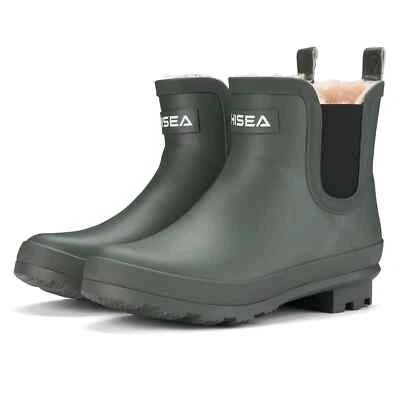 Botas de lluvia de goma para mujer HISEA forradas de piel impermeables al tobillo jardín Chelsea botas de agua Foto 1 de 4