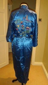 VESTIDO DORADO DRAGÓN 100% SEDA AZUL KIMONO BORDADO A MANO TALLA M - Imagen 1 de 12