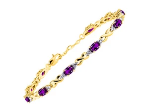 RYLOS Tennis Bracelet, 6x4mm Gemstones & Diamonds, Gold Plated Silver, 7-8". - Picture 1 of 30