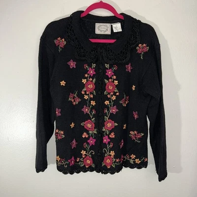 Cárdigan Suéter Negro Talla L Grannycore Otoño Bordado CottageCore Encaje Bruja Foto 1 de 4