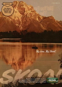 1990 Vintage Print Ad My time Skoal Boat on Lake River Mountains Fishing Long Cu - Picture 1 of 2
