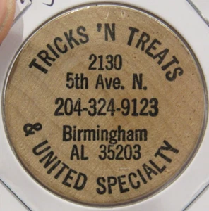 Vintage Tricks 'N Treats Birmingham, AL Wooden Nickel - Token Alabama Ala. - Picture 1 of 2