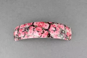 Pink barrette floral flowers rectangle plastic curved hair clip 3.25" long - Picture 1 of 6