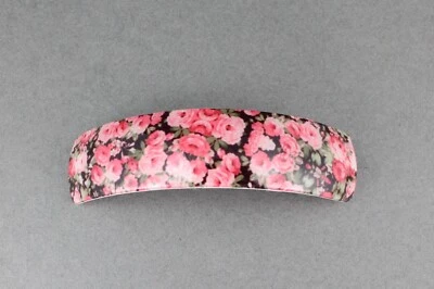 Pink barrette floral flowers rectangle plastic curved hair clip 3.25" long - Image 1 of 4