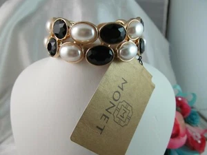NWT MONET GOLD with PEARL & ONYX BLACK OVAL DESIGN STATEMENT BRACELET, Beautiful - Picture 1 of 8
