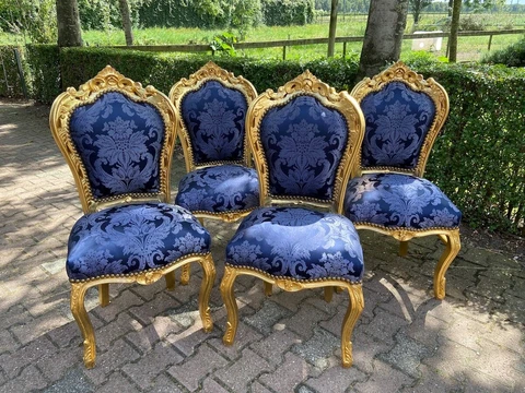 French Louis XVI dining chairs in gold beech and blue damask-set of 4 Cover