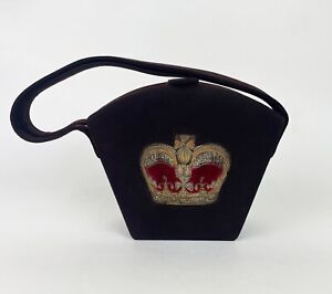 Vintage 1940s Brown Suede Box Bag Padded Velvet Crown Emblem Albert Williams