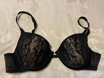 Vtg LOVABLE L140 Second Skin Satin Lace Underwire Heart Push-Up 36B Black Bra - Image 1 of 4