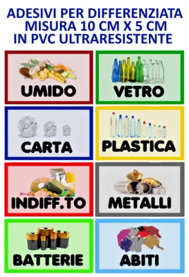 8 ADESIVI SPAZZATURA DIFFERENZIATA SERIE KIT COMPLETO PATTUMIERE CONDOMINIO CASA - Image 1 of 4