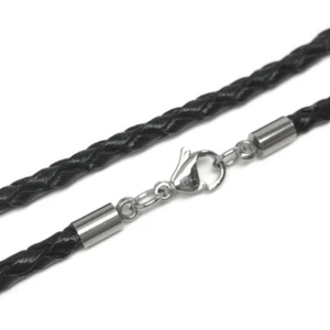 Braided Black Leather Necklace Cord 3mm Stainless Steel 24 Inch Mens Womens - Picture 1 of 4